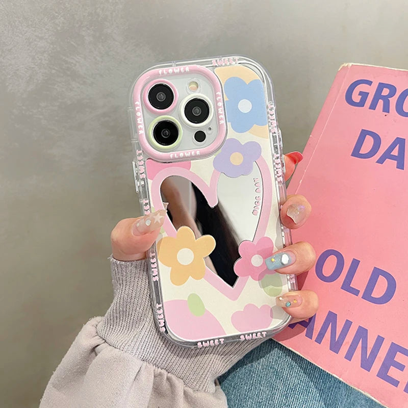 Korean Sweet Love Heart Flowers Mirror Phone Case For iPhone 14 13 12 11 15 16 Pro Max Lovely Hard Shockproof Back Cover