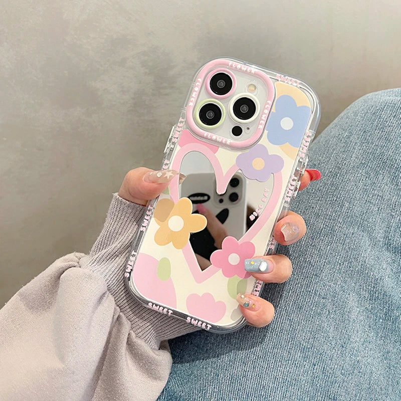 Korean Sweet Love Heart Flowers Mirror Phone Case For iPhone 14 13 12 11 15 16 Pro Max Lovely Hard Shockproof Back Cover