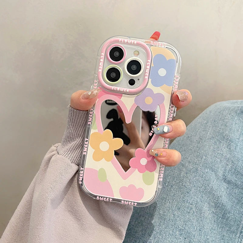Korean Sweet Love Heart Flowers Mirror Phone Case For iPhone 14 13 12 11 15 16 Pro Max Lovely Hard Shockproof Back Cover