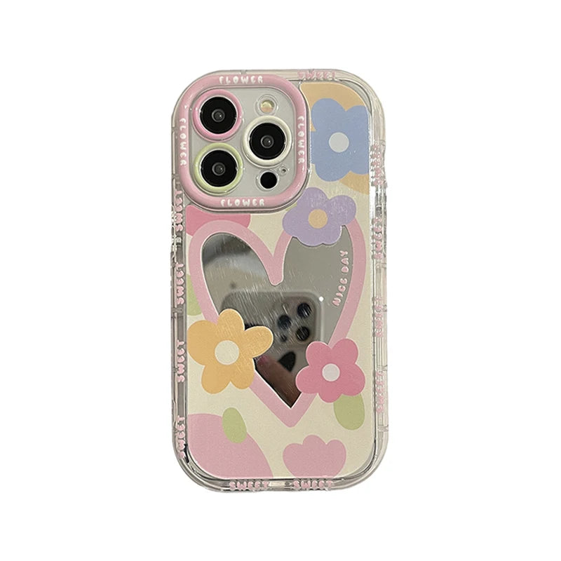 Korean Sweet Love Heart Flowers Mirror Phone Case For iPhone 14 13 12 11 15 16 Pro Max Lovely Hard Shockproof Back Cover