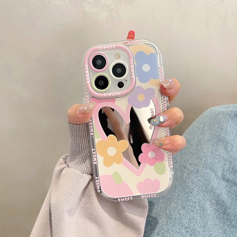 Korean Sweet Love Heart Flowers Mirror Phone Case For iPhone 14 13 12 11 15 16 Pro Max Lovely Hard Shockproof Back Cover