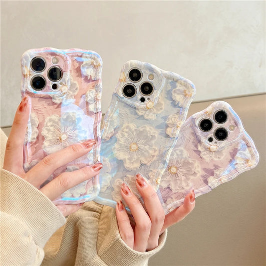 Luxury Laser Flowers Glitter iPhone Case For iPhone 16 Pro Max 15 14 13 12 11 Plus Fashion Soft Silicone Shockproof Bumper Cover