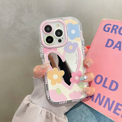 Korean Sweet Love Heart Flowers Mirror Phone Case For iPhone 14 13 12 11 15 16 Pro Max Lovely Hard Shockproof Back Cover