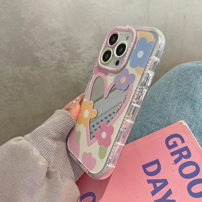 Korean Sweet Love Heart Flowers Mirror Phone Case For iPhone 14 13 12 11 15 16 Pro Max Lovely Hard Shockproof Back Cover