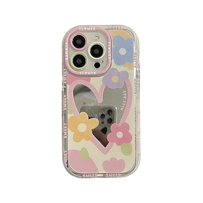 Korean Sweet Love Heart Flowers Mirror Phone Case For iPhone 14 13 12 11 15 16 Pro Max Lovely Hard Shockproof Back Cover